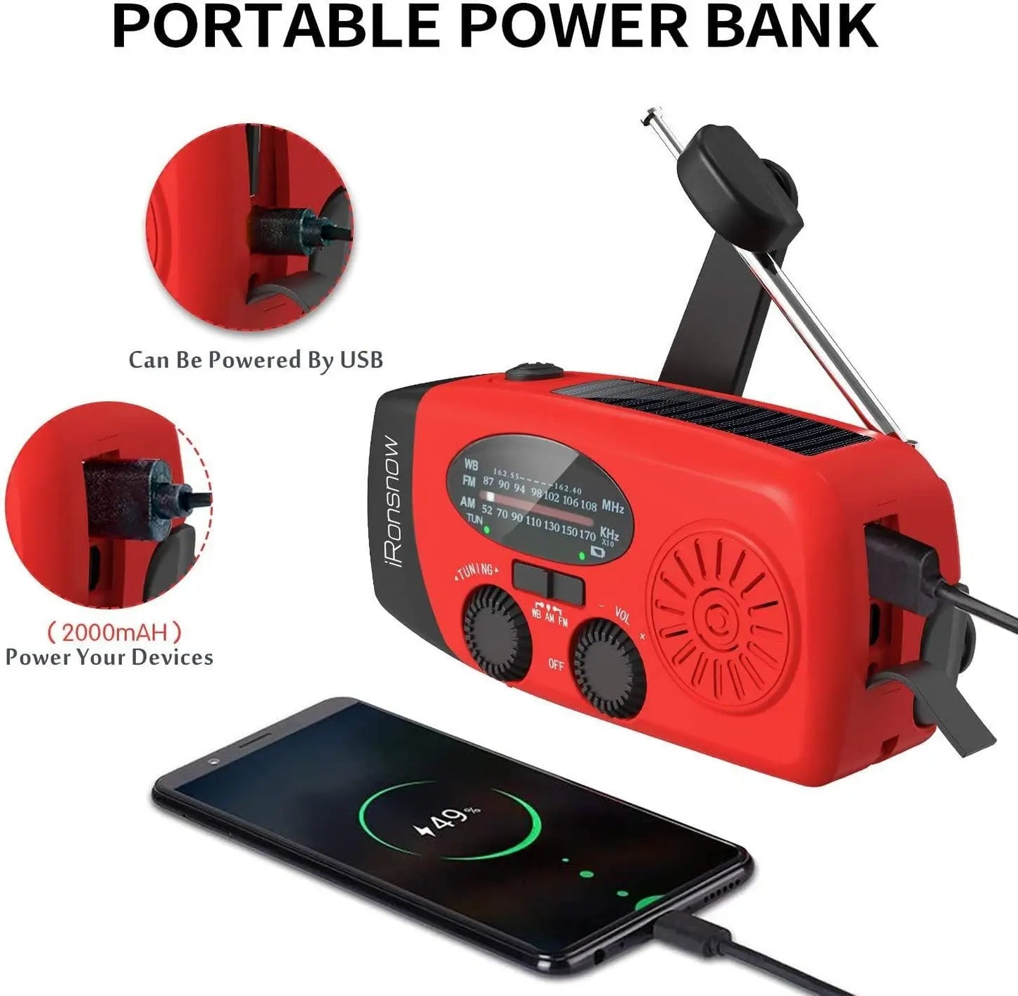Emergency Hand Crank Radio with LED Flashlight, AM/FM NOAA Portable Weather Radio 2000mAh Power Bank Phone Charger for Camping