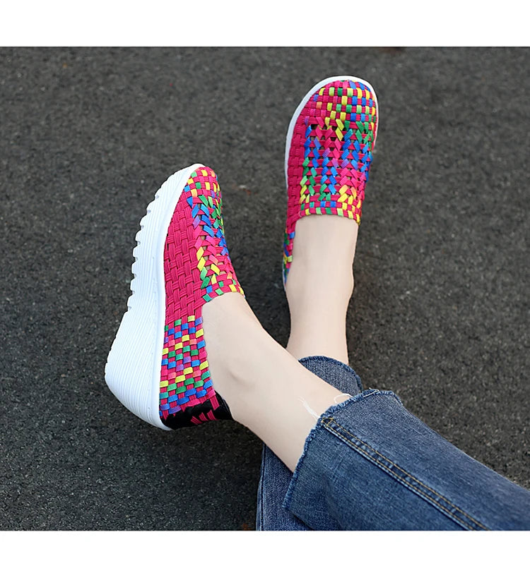 New Women Sneakers Summer Casual Shoes Woven Flat Platform Women's Shoes Breath Loafers Lady Footwear Soft Zapatos Plus Size 42