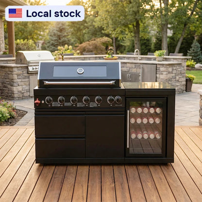 US Overseas Luxury Customized Black Stainless Steel 6-Burner Grill Outdoor Kitchen BBQ Island with Fridge for Custom Backyards