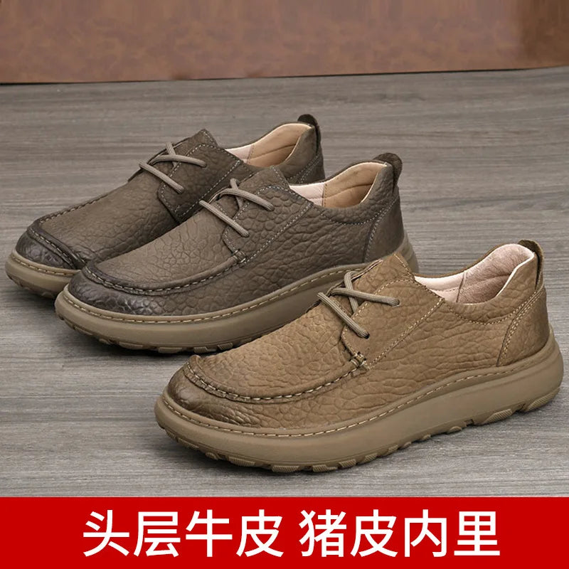 Genuine Leather Men's Casual Shoes Round Toe Lace-up Breathable EVA Sole All Seasons Boat Shoes