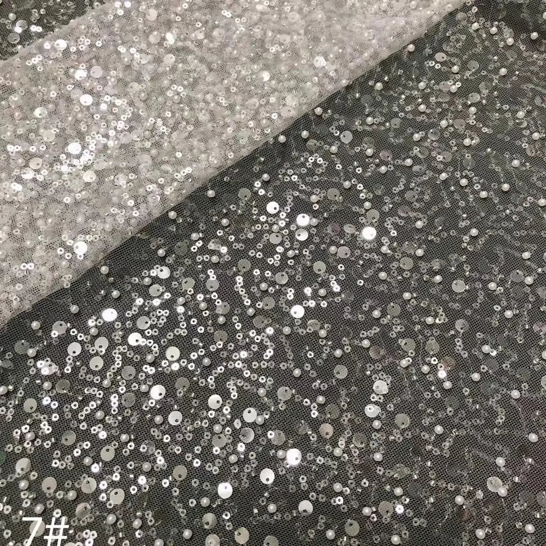 Width 130 cm Polyester Sparkly Sequins Embroidery Beads Mesh Fabric Heavy Tulle Lace Fabric for Wedding Dress Curtain