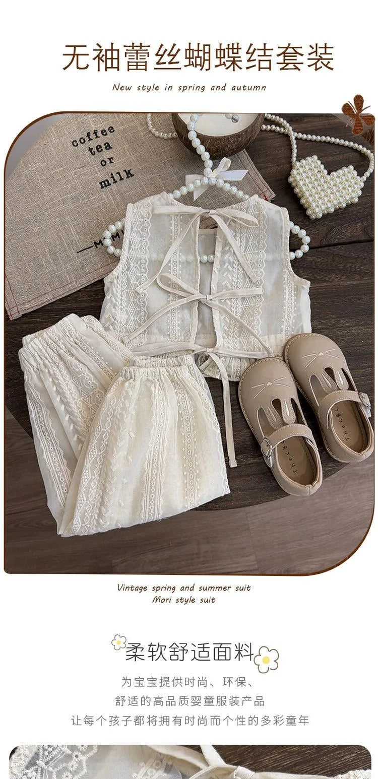 Girls' Summer Thin Suit 2024 Young Children Fashion Style Vest Wide Leg Pants Style Two-piece Set of Fashion