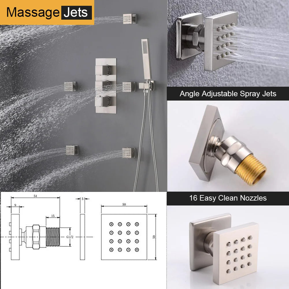 16-Inch Polished Brass Wall Mount Thermostatic Faucet Set with Slide Bar Soft Jet Rain Shower System