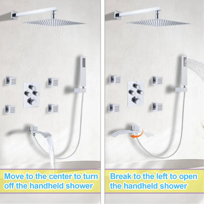 Thermostatic Shower System Full Coverage Rainfall Jet Shower Set Slide Bar Wall Mounted Brushed Nickel Finish for Apartment Use