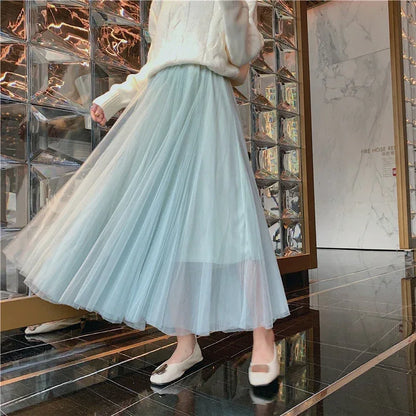 TingYiLi Elegant Tulle Skirt Autumn Winter Big Swing Women Skirt Korean Cute Pink Green Gray Blue Brown Black Long Skirt Tutu