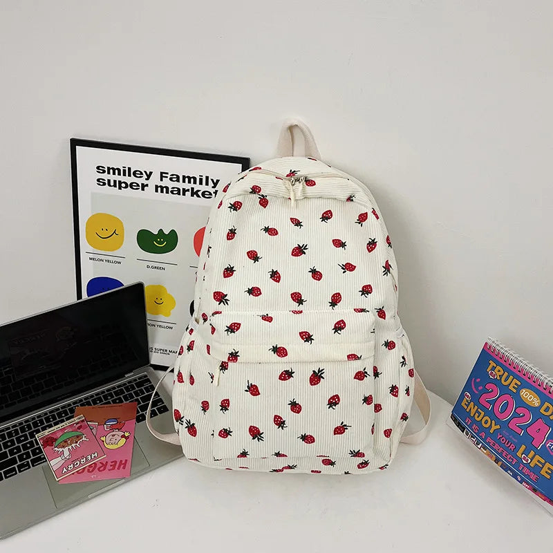 New Arrival  Strawberry Print Corduroy Travel Backpack Multifunction Custom Cute Girls Casual College School Backpacks