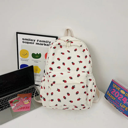 New Arrival  Strawberry Print Corduroy Travel Backpack Multifunction Custom Cute Girls Casual College School Backpacks