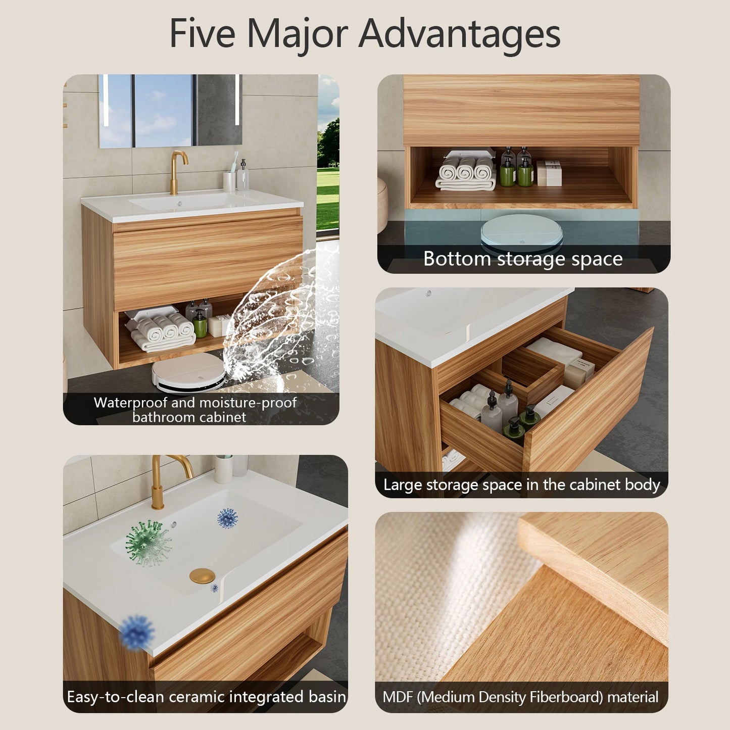 30 Inch Bathroom Vanity Cabinet With Ceramic Sink - Walnut Wall Mounted Floating Fluted Vanity With Drawers, Modern