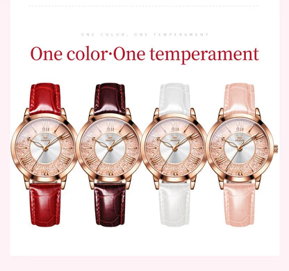 OLEVS 5539 Elegant Fashion Women's Watches Flowing Sand Ice Crystal Dial Quartz Watch Waterproof Leather Strap Lady Wristwatch