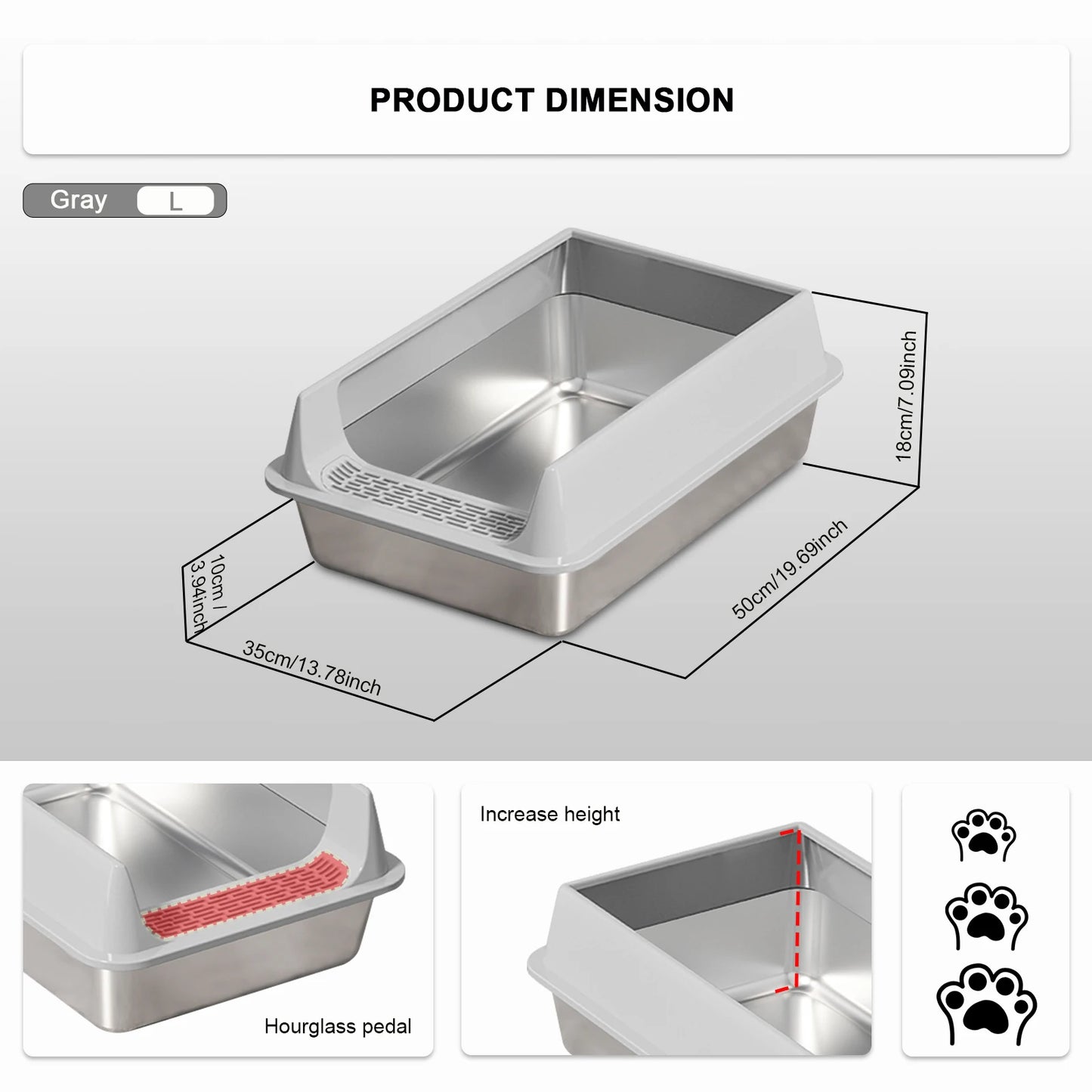 Stainless Steel Semi-closed Rectangular Cat Litter Box with Top-in Lid Anti-splash High Fence Pet Cleaning