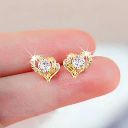 E1233 Gold Heart Stud Earrings With Round Zircon Claw Setting For Women Romantic Fashion Jewelry Gift