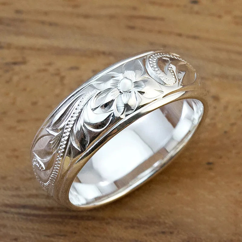 Q559 Silver Wedding Band Flower Design Classic Unisex Fine Ring