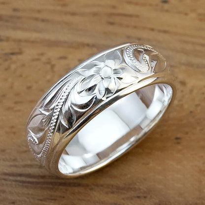 Q559 Silver Wedding Band Flower Design Classic Unisex Fine Ring
