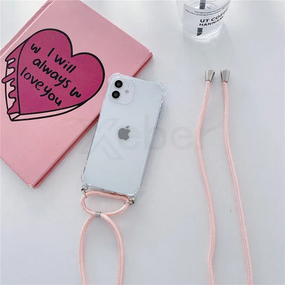 Necklace Lanyard Strap Chain Phone Case For iPhone 16 15 14 13 Pro Max 12 11 XS X XR Mini 7 8 Plus Transparent Soft Rope Cover