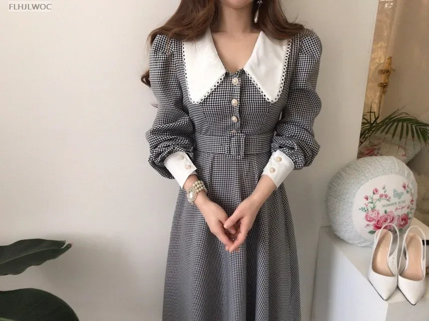 2021 Autumn Spring Basic Belt Plaid Shirt Dress Long Maxi Feminine Vestidos Chic Korea Design Clothes