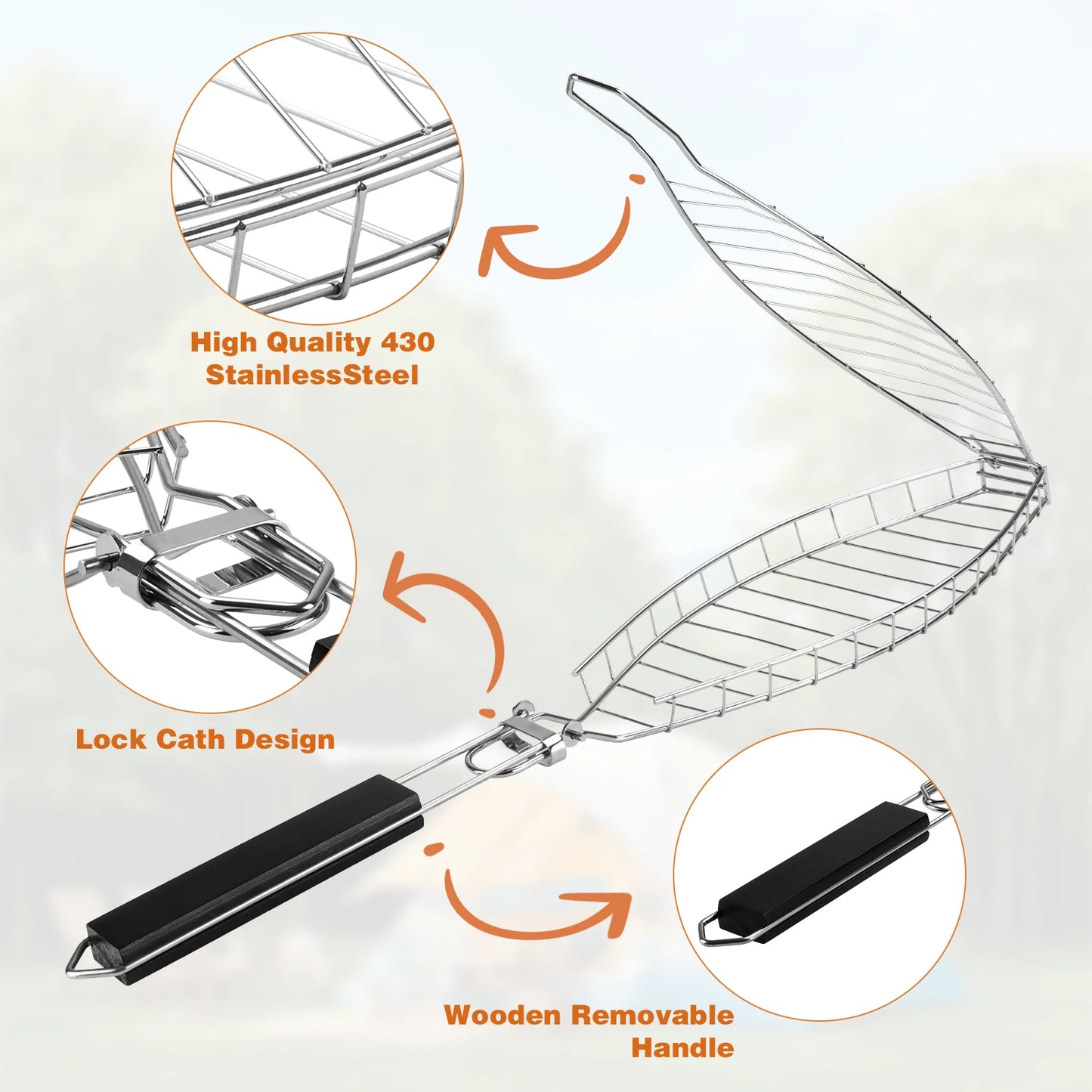 Heavy Duty 430 Stainless Steel Fish Grill Basket With Detachable Handle Fish BBQ Grill Cage For Salmon Veggies And Seafood