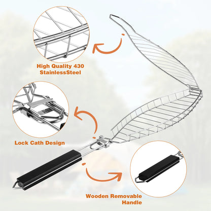 Heavy Duty 430 Stainless Steel Fish Grill Basket With Detachable Handle Fish BBQ Grill Cage For Salmon Veggies And Seafood