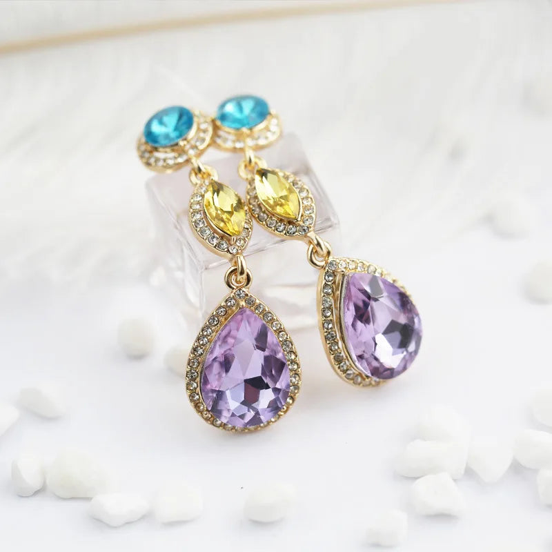 Golden Plated Crystal & Rhinestone Drop Earrings Amethyst Water Drop Shape Women Party Jewelry Romantic Style Fashion Dangle