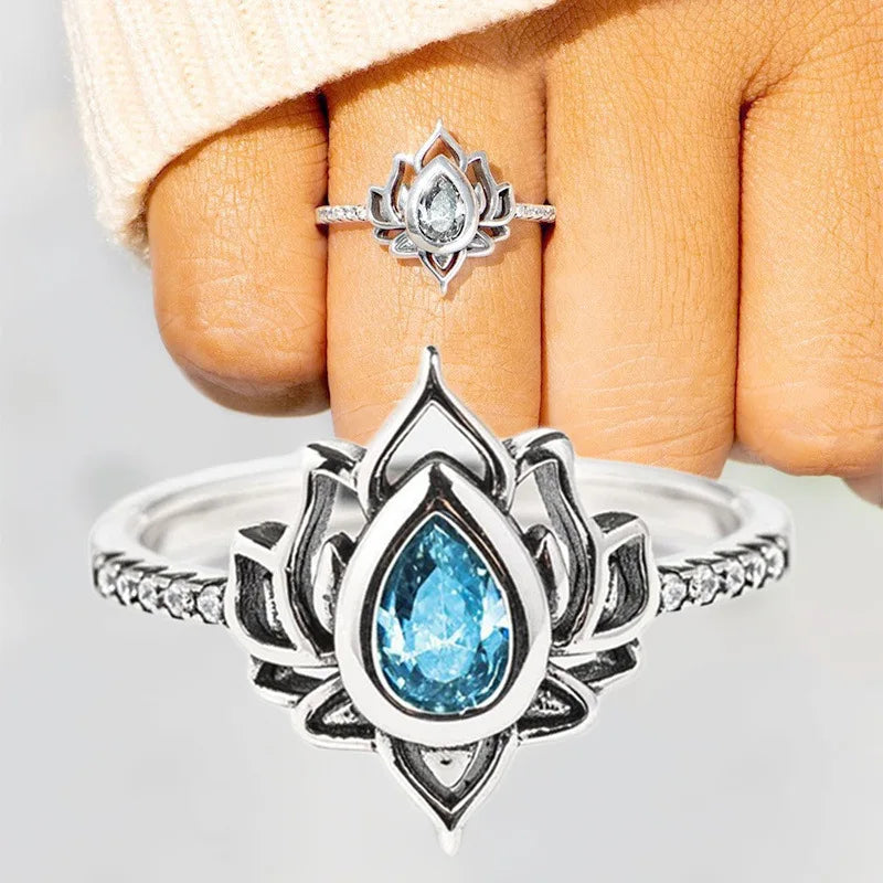 Q256 Lotus Flower Ring Women's Lab Created Cubic Zirconia Pear Shape Prong Setting Engagement Buddhist Fashion Rings