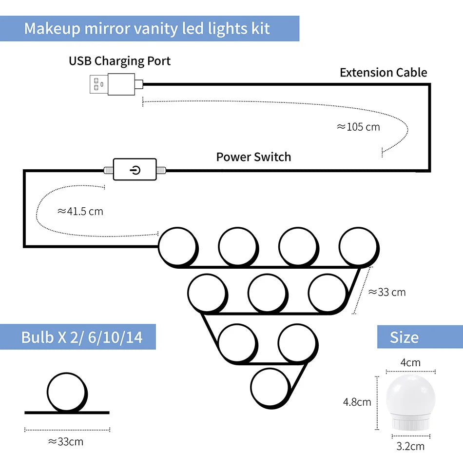 3 Modes Colors Makeup Mirror Light Led Touch Dimming Vanity Dressing Table Lamp Bulb USB 12V Hollywood Make Up Mirror Wall Lamp