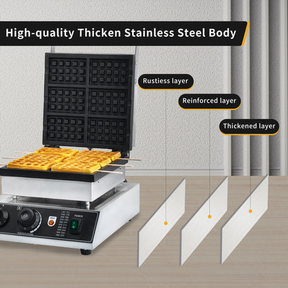 1750W Commercial Stainless Steel Non-Stick Waffle Maker 50-300℃ Commercial Flip Balance Heating Waffle Iron 6pcs Honeycomb New