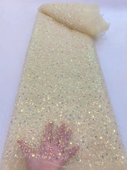Width 130 cm Polyester Sparkly Sequins Embroidery Beads Mesh Fabric Heavy Tulle Lace Fabric for Wedding Dress Curtain