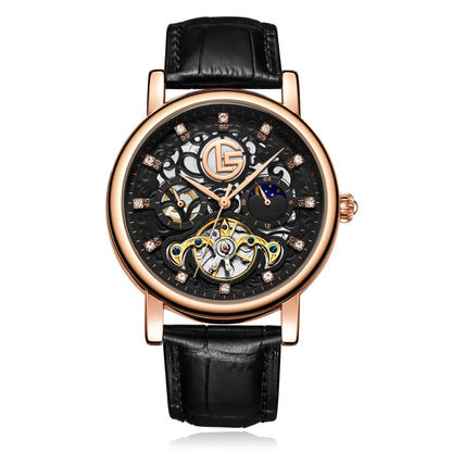 Tourbillon Watch for Men Mechanical Skeleton Mens Watches High Quality Luxury Engraved Vintage Moon Phase Leather Watch