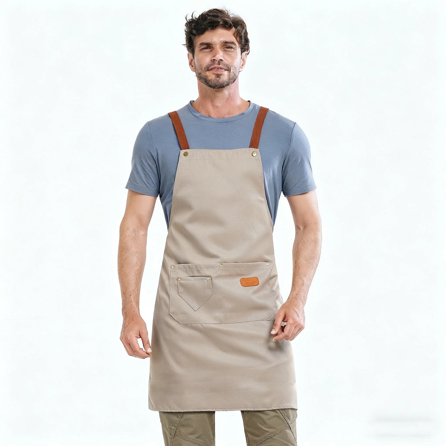 Khaki Kitchen Apron Waterproof Cross Adjustable Webbing Restaurant bar Barbershop Garden With Pocket Custom Logo