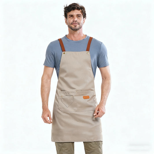 Khaki Kitchen Apron Waterproof Cross Adjustable Webbing Restaurant bar Barbershop Garden With Pocket Custom Logo