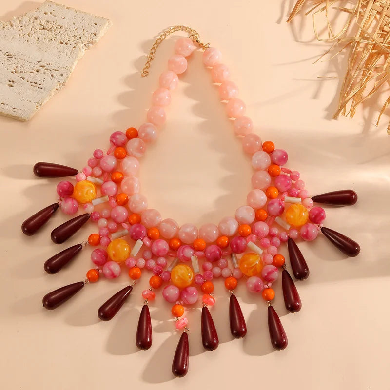 1pc Exaggerated Multi-layered Water Drop Shaped Handmade Beaded Beach Resort Style High-end Gradient Color Collarbone Necklace