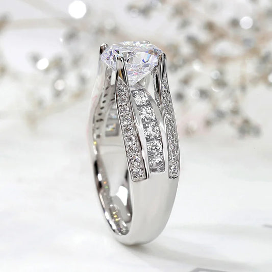 T0664 White Gold Diamond Ring Women's Engagement Natural Round Brilliant Cut D Color Side Diamonds
