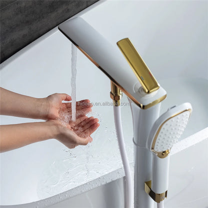 HIDEEP Contemporary Polished Bathroom Floor Stand Faucets Chrome/Black/White Ceramic Single Handle Hot Cold Water Bathtub Shower