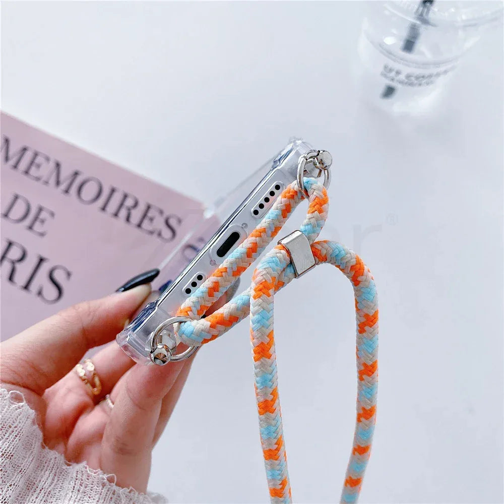 Necklace Lanyard Strap Chain Phone Case For iPhone 16 15 14 13 Pro Max 12 11 XS X XR Mini 7 8 Plus Transparent Soft Rope Cover