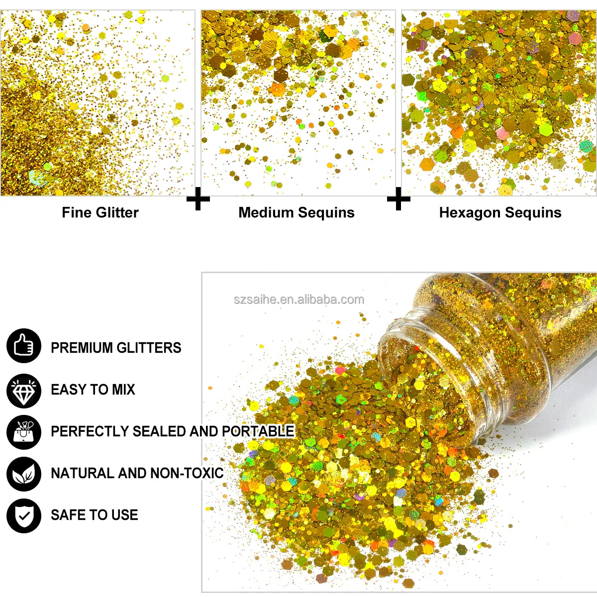 Hot Selling Solvent Resistance Mixed Chunky Glitter Bulk Nail Mugs Crafts Polyester Glitter in 2oz 24 Colors in Shaker