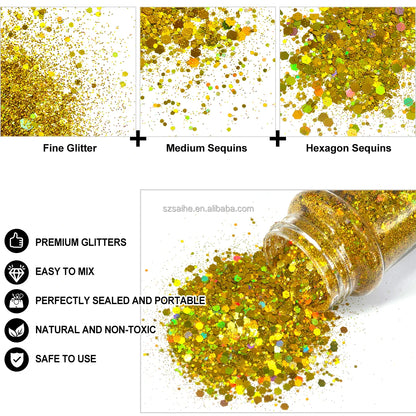 Hot Selling Solvent Resistance Mixed Chunky Glitter Bulk Nail Mugs Crafts Polyester Glitter in 2oz 24 Colors in Shaker