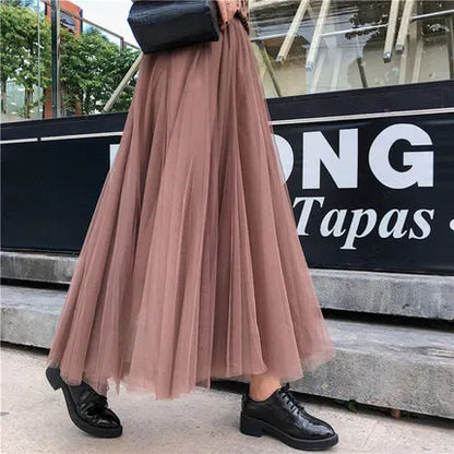 TingYiLi Elegant Tulle Skirt Autumn Winter Big Swing Women Skirt Korean Cute Pink Green Gray Blue Brown Black Long Skirt Tutu
