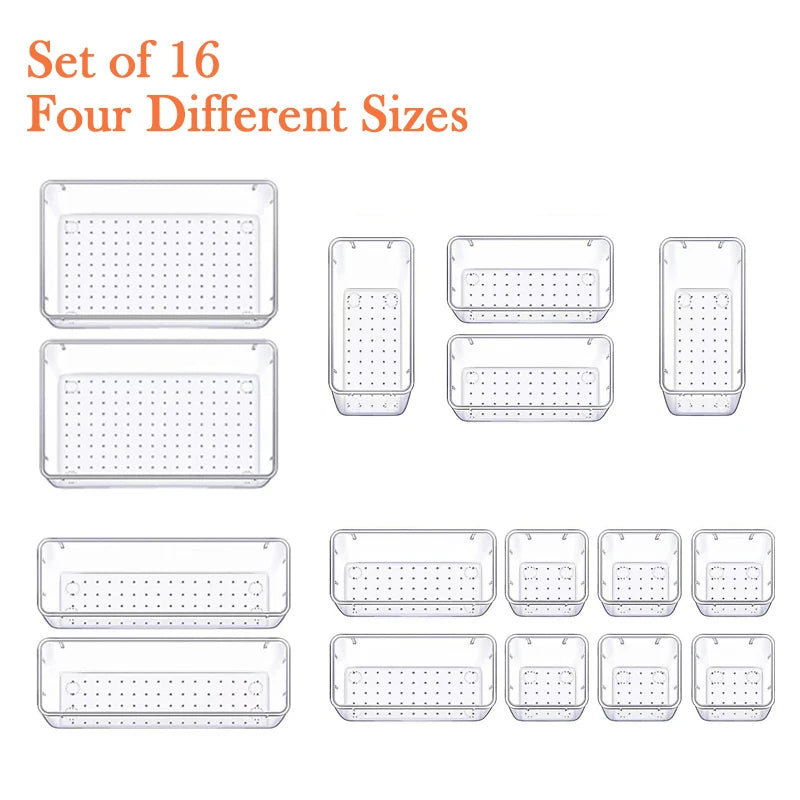 16pcs Kitchen/bathroom/office/jewelry Drawer Organizer Under Desk Drawer Organizer Set clear Storage Box