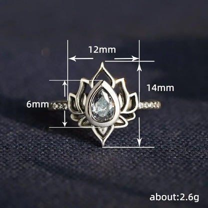 Q256 Lotus Flower Ring Women's Lab Created Cubic Zirconia Pear Shape Prong Setting Engagement Buddhist Fashion Rings
