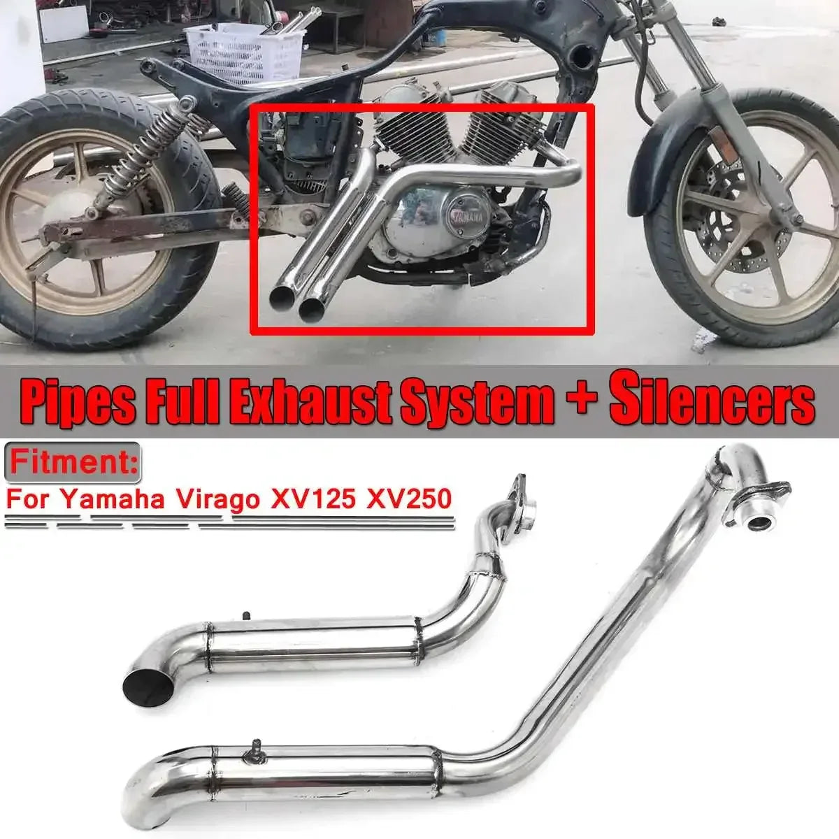 Motorcycle Long Exhaust Muffler Pipe Full System + Silencer for Yamaha Virago XV125 XV250 Moto Stainless Steel Exhaust Pipes