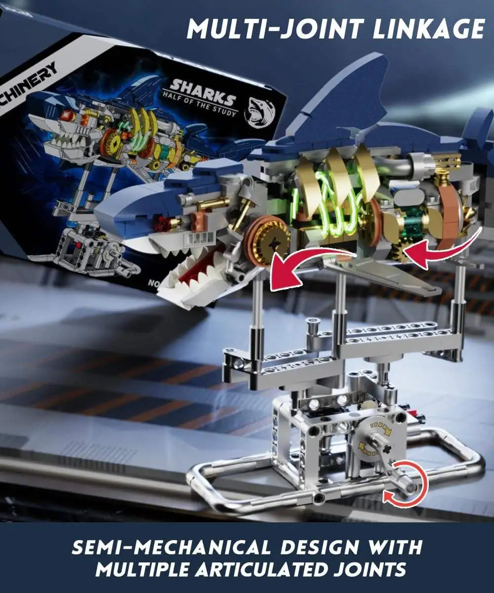 Half-mechanical Shark Building Block Movable Model, Boy with Lights, Punk-style Assembly Toy