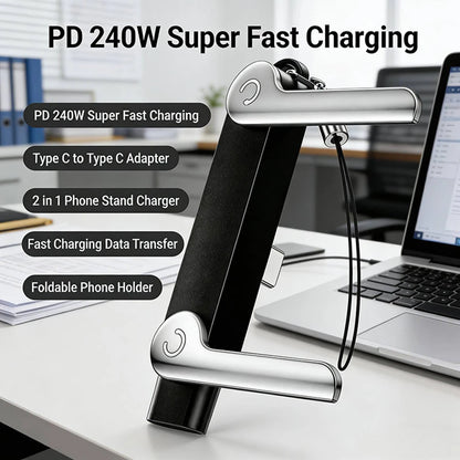 240W Fast Charging USB-C to Type-C Cable with Detachable Phone Stand Nylon & Silicone Material IOS Compatible