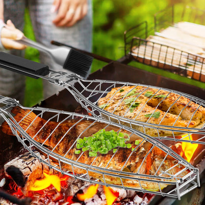 Heavy Duty 430 Stainless Steel Fish Grill Basket With Detachable Handle Fish BBQ Grill Cage For Salmon Veggies And Seafood