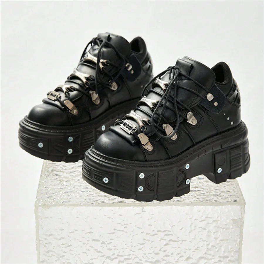 Punk Style Women's Black Shoes Rock Metal Decor Lace-up Platform Shoes Gothic Man's Leather Boots