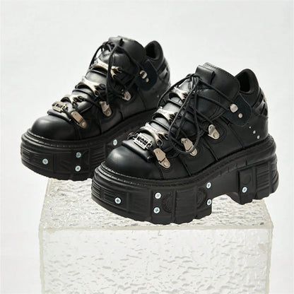 Punk Style Women's Black Shoes Rock Metal Decor Lace-up Platform Shoes Gothic Man's Leather Boots