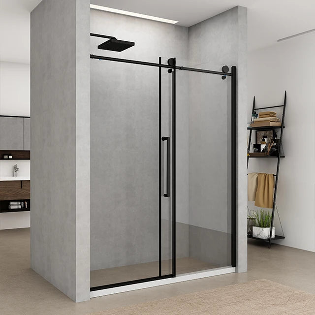 Sliding Framed Shower Door, Matte Black Aluminum Frame, Black Seal Strip, Tempered Glass for Bathroom Shower Room Door