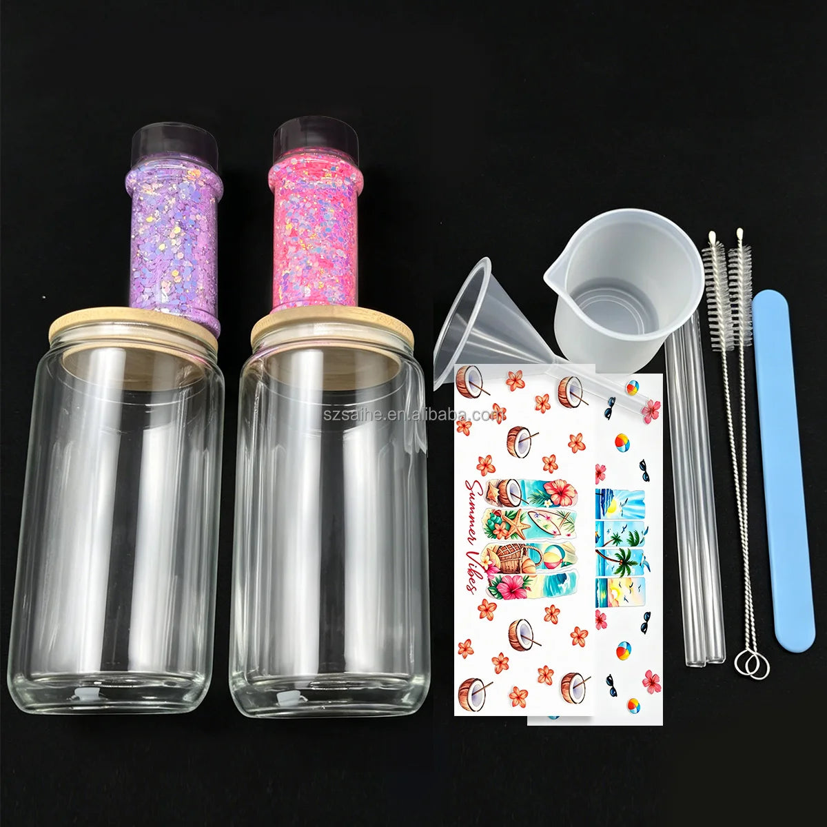 16 oz Snow Globe Glass Tumbler DIY Kit Supplies with UV DTF Cup Wraps Glitter Glass Bottle for Holiday Craft Gifts US Warehouses
