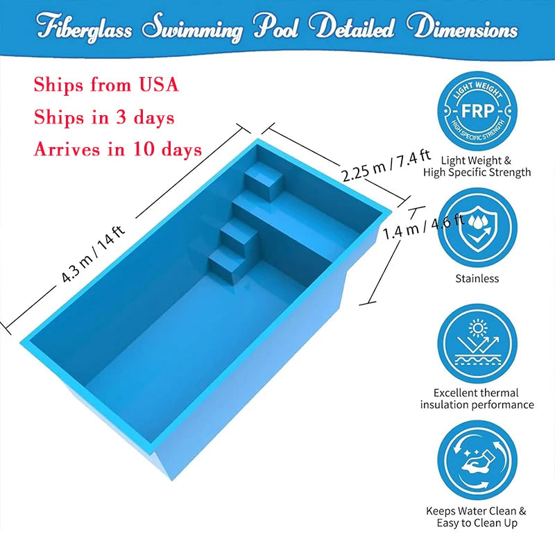 US Ships in 3 Days Small Size 14ft Outdoor Family Frp Fiberglass Rectangular Children's Pool Inground Plunge Spa Swimming Pool