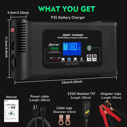 HTRC Smart Charger 48V/13A for 36Volt Golf Cart PB LiFePO4 Lead-Acid Battery & Electric Automatic Motorcycle 36V/18A AC Port