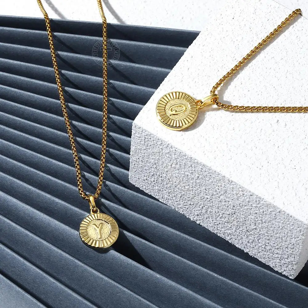 Initial Letter Pendant Necklaces Round Charm Stainless Steel Box Link Chain for Women Men Jewelry Gift