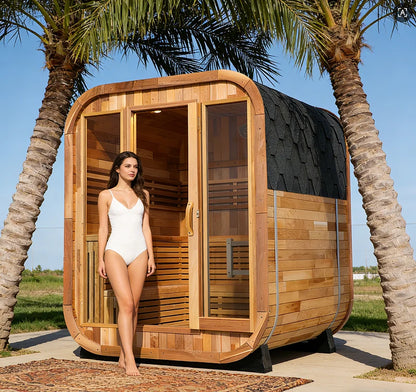 In Stock Canadian Spliced Red Cedar Traditional Large Cube Outdoor Sauna With 8mm Tempered Glass Garden Multi Person Health Spa